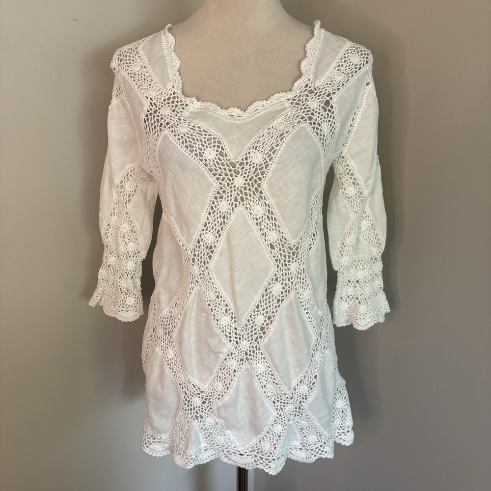 Sigrid Olsen VTG White Linen Crochet Tunic Top Lace Diamond Y2K Boho Sz Medium M - Picture 2 of 8